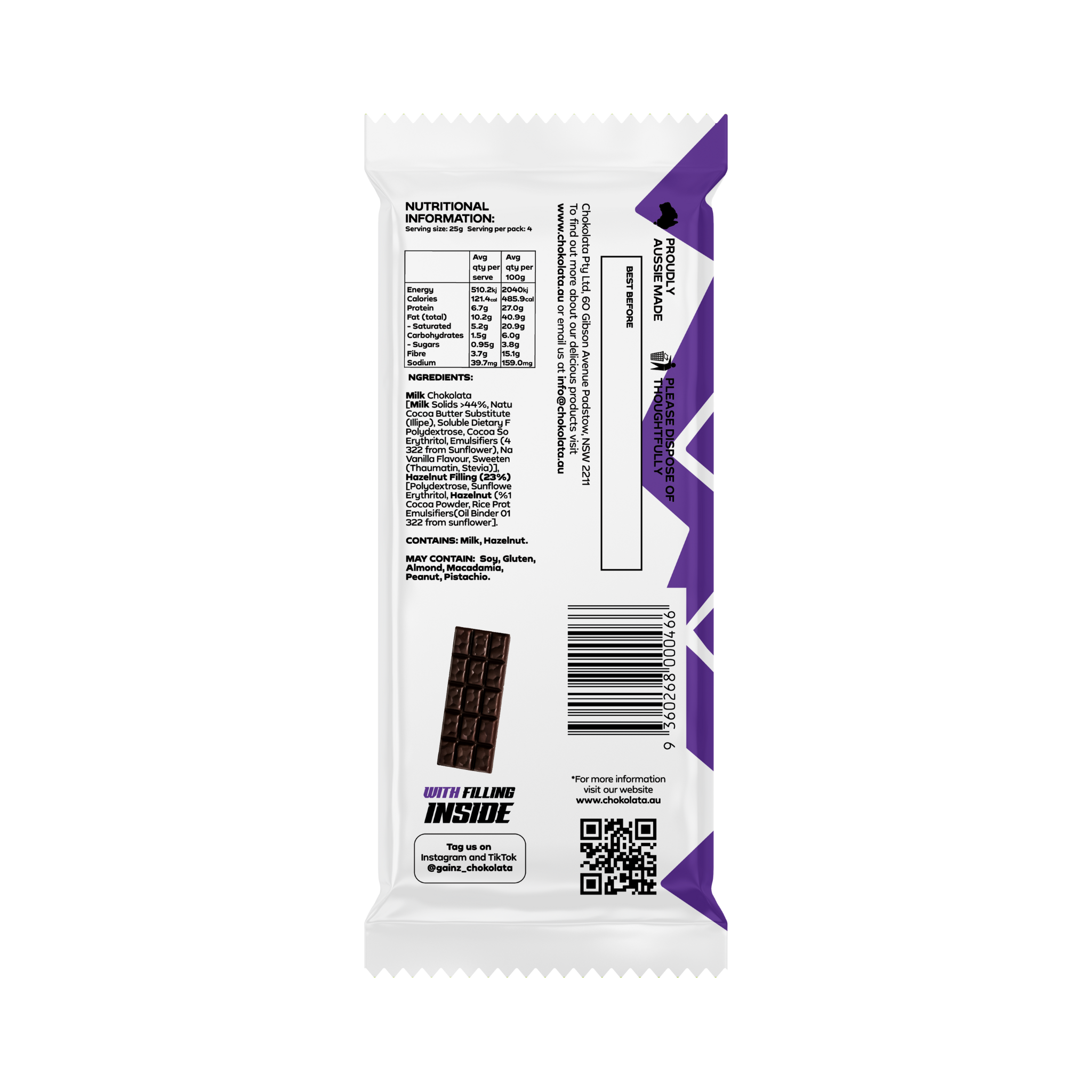 Gainz Hazelnut Filling Milk Bar 100g