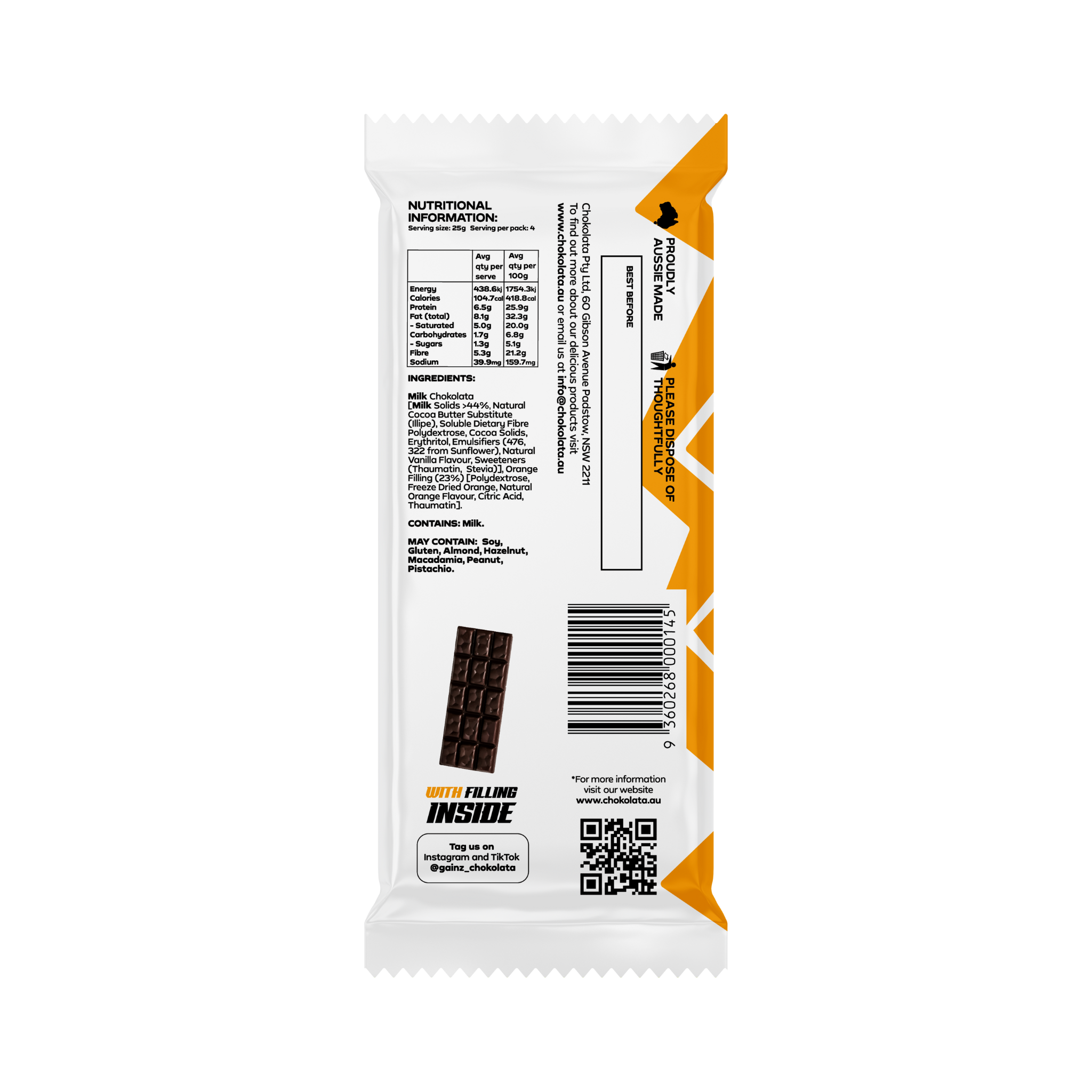 Gainz Orange Filling Milk Bar 100g